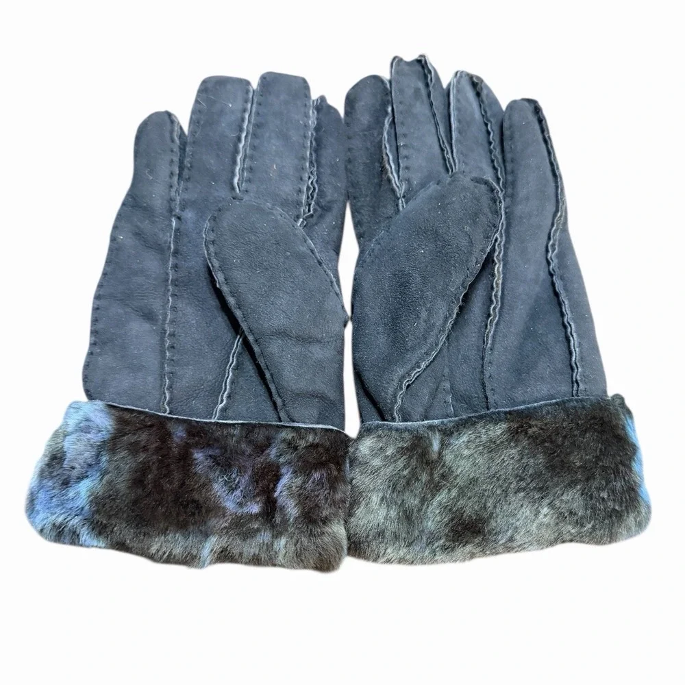 Black Genuine Lamb Fur Skin Shearling Suede Gloves with Blue Teal Trim